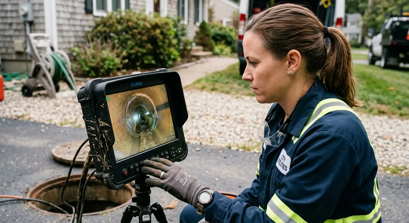 Technician reviewing sewer camera inspection footage in Coralville
