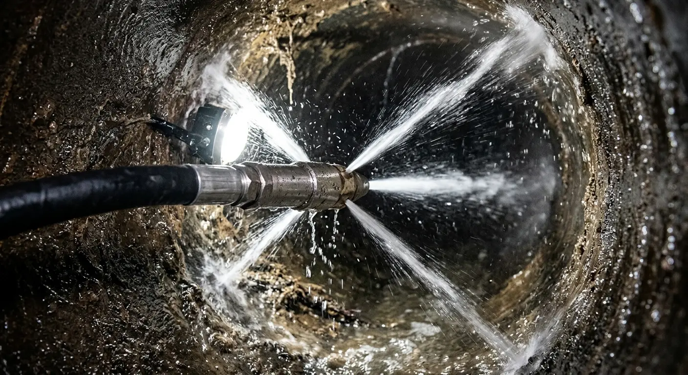High-pressure hydro jetting nozzle cleaning sewer pipe for Emergency Drain Service in Coralville
