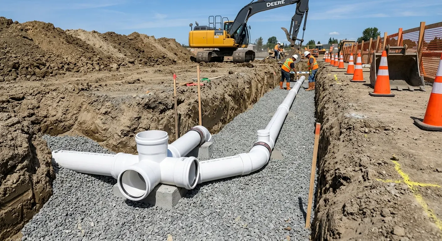 New PVC sewer pipe installation in open trench for Commercial Drain Cleaning in Coralville